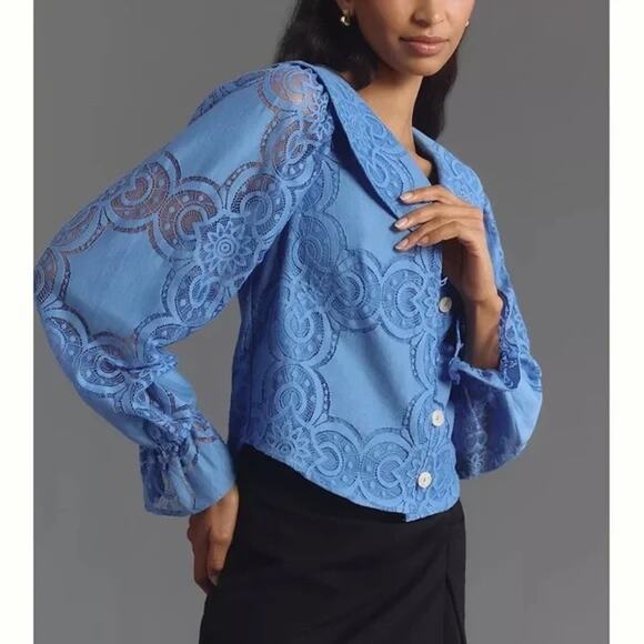 Maeve Tops - Anthropologie Maeve NEW Long Sleeve Blue Lace Collared Button Down Blouse SZ XL